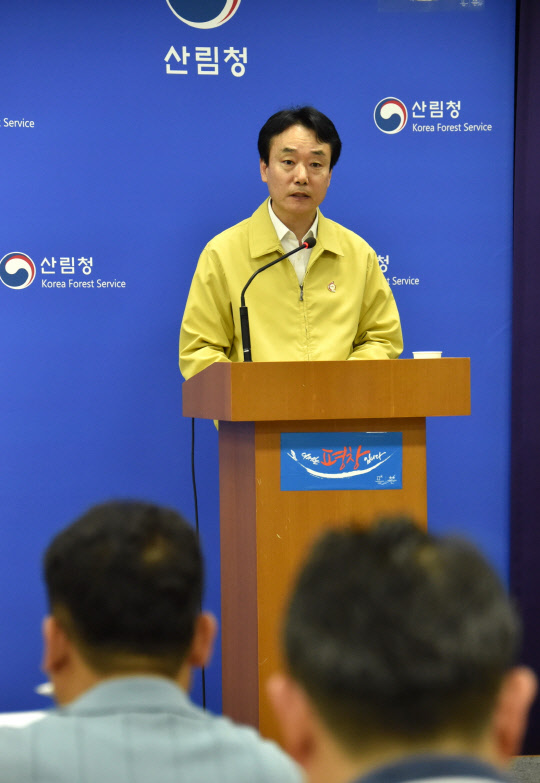 19일 정부대전청사에서 김용하 산림청 차장이 지난 6일 발생한 강릉, 삼척, 상주 산불과 관련 피해 현황에 대해 발표하고 있다.  산림청 제공